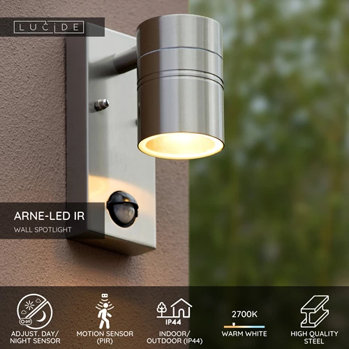 Lucide ARNE-LED IR - Wall spotlight / Wall light Indoor/Outdoor - Ø 6,3 cm - LED - GU10 - 1x5W 2700K - IP44 - Motion & Day/Night Sensor - Satin Chrome - USP